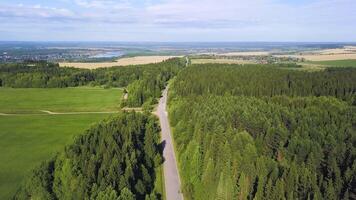 se från en helikopter. klämma. en sommar grön skog, en väg, en små bit av de stad är synlig från Bakom, en blå himmel och en flod och en liten små fält. video