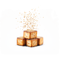 Baked tofu cubes crispy and marinated tumbling and bouncing with sesame seeds falling png