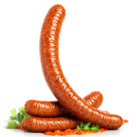 Lamb merguez sausage spicy and raw with harissa paste and cilantro leaves dancing in png