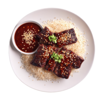 Beef short ribs boneless and raw with Korean barbecue sauce and sesame seeds spinning png