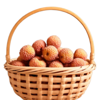 Dried lychee fruits in a delicate wicker basket pale pink with a delicate texture png