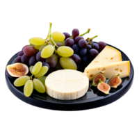 Picnic cheese platter with wedges and wheels of assorted cheeses grapes figs and honey dipper png