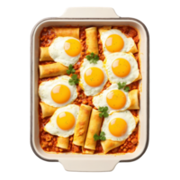 Breakfast enchiladas saucy roll ups in glass baking dish fried egg crown Food and Culinary png