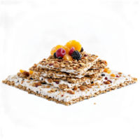 granola iogurte latido fresco e picante quebra separado com bits do granola e seco frutas png