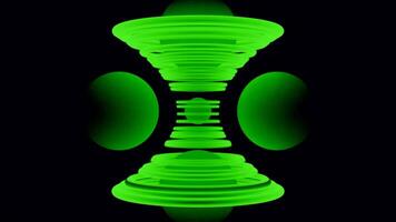 Balls in spiral of rings. Design. 3D spiral of hourglass rings on black background. Rings move creating gravitational field for balls video