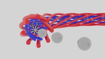 3D animation of balls moving in spiral. Design. Balls move in formation into narrow rotating tunnel. Balls move in spiral line and transform video