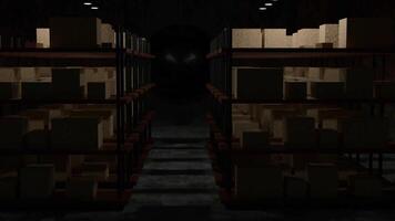 3D animation with wrecking ball. Design. Dark 3d room with sharp appearance of screamer. Dark warehouse room with destroyer ball appearing out of darkness video