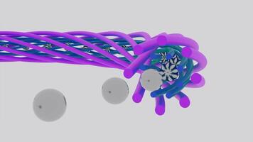 3D animation of balls moving in spiral. Design. Balls move in formation into narrow rotating tunnel. Balls move in spiral line and transform video