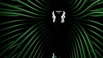 Silhouette von Gehen Engel. Design. Silhouette von dunkel Engel Gehen entlang Neon- Gang. futuristisch 3d Engel Spaziergänge im Cyberspace Gang video