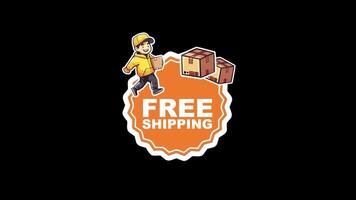 Orange Free Shipping Sticker with Happy Courier and Cardboard Boxes. video