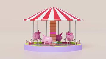 Carousel or merry go round with piggy bank isolated on pink background. 3d render illustration video