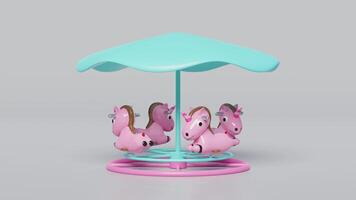 carrossel ou alegre ir volta com unicórnio ou cavalo isolado em Rosa fundo. 3d render ilustração video