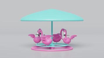 Carousel for children with flamingo isolated on grey background. 3d render illustration video