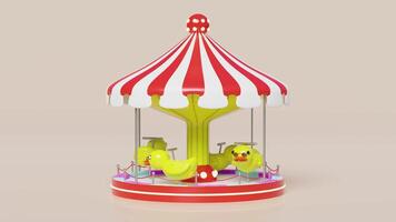 Carousel or merry go round with yellow duck, sunglasses isolated on pink background. 3d render illustration video