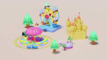 3d amusement park concept with tea cup ride, pilot, propeller plane, railroad tracks, tunnel, ferris wheel, landscape, castle, towers isolated on pink background. video