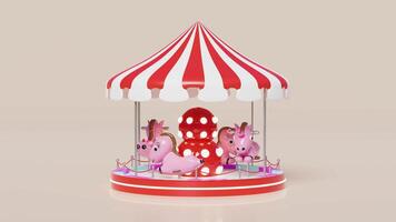 Carousel or merry go round with unicorn or horse isolated on pink background. 3d render illustration video