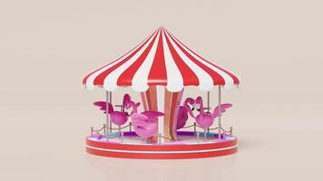 Carousel or merry go round with flamingo isolated on pink background. 3d render illustration video