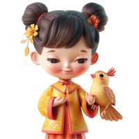 linda asiático niña sostener un pájaro ai-generativo png