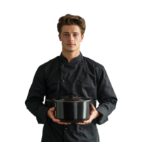 Professional chef holding a black cooking pot png