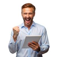 Exuberant man celebrating with tablet in hand png