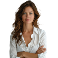 Confident woman in white shirt posing with arms crossed png