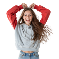 Joyful young woman in casual attire with arms raised png