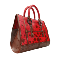 Red leather satchel with autumn leaf pattern on transparent background png