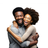 Cheerful couple embracing with joyful expressions on transparent background png