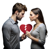 Couple holding broken heart signifying end of relationship png