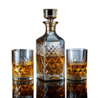 Crystal whiskey decanter set with filled glasses on transparent background png
