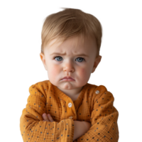 Pensive toddler with folded arms on transparent background png