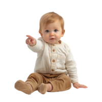 Adorable toddler pointing while sitting against transparent background png