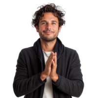 Smiling man with curly hair in casual clothing gesturing thanks png
