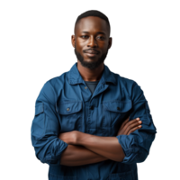 Confident mechanic in blue overalls with arms crossed png