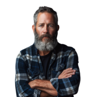 Confident bearded man in plaid shirt posing with arms crossed png