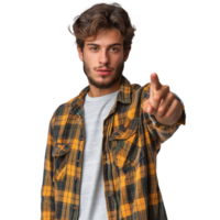 Young man in plaid shirt pointing forward png
