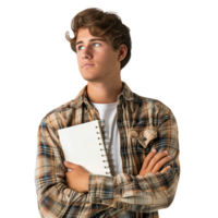 Young man holding notebook looking upward with anticipation png