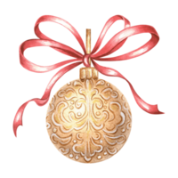 Kerstmis boom bal gouden met rood zijde boog. tekening in vintage. hand- getrokken waterverf illustratie vakantie decoratie. geïsoleerd sjabloon voor uitnodiging, groet kaart, inpakken, nieuw jaar, afdrukken. png