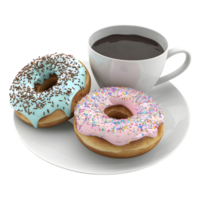 3d renderen van een donut met thee in een bord Aan transparant achtergrond png