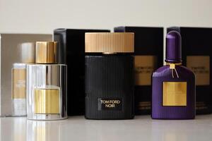 KYIV, UKRAINE - NOVEMBER 27, 2023 Tom Ford fragrance perfume branded bottles wit different scent photo