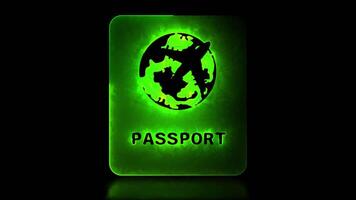 Glowing passport book shape neon frame effect, black background. video