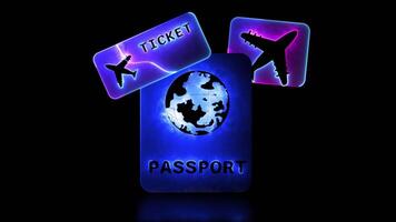 Glowing passport book shape neon frame effect, black background. video