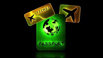 Glowing passport book shape neon frame effect, black background. video