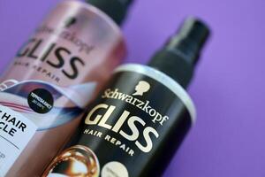 KYIV, UKRAINE - OCTOBER 31, 2023 Schwarzkopf Gliss hair repair products, split hair miracle and ultimate repair spray bottles. Schwarzkopf beauty branch founded by Hans Schwarzkopf photo