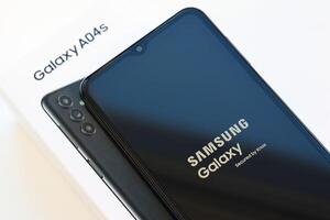 KYIV, UKRAINE - 4 MAY, 2023 Samsung Galaxy A04 Android smartphone has 6.5-inch PLS LCD panel with Infinity-V design photo