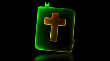 Neon frame effect, glowing Christian religious book shape, black background. video