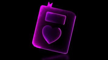 Glowing love notebook shape neon frame effect. Black background. video