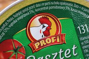 KYIV, UKRAINE - 4 MAY, 2023 Profi logo on cardboard pack of polish food photo