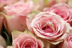 Gold diamond engagement ring in beautiful pink rose flower among big amount of roses in big bouquet close up photo