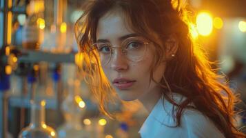 mujer vistiendo lentes en pie en frente de neón luces foto